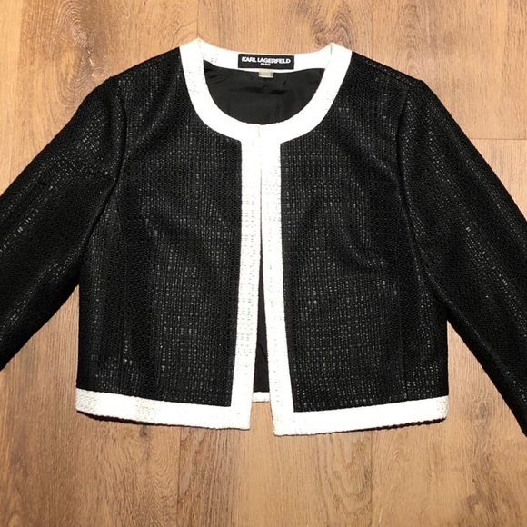 KARL LAGERFELD M MEDIUM BOLERO JACKET BLACK WHITE CROPPED OPEN FRONT BLAZER - Picture 5 of 13